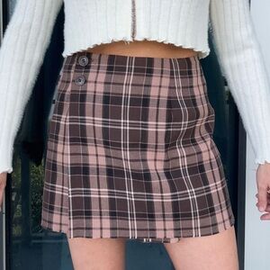 Vintage brown plaid mini wrap skirt